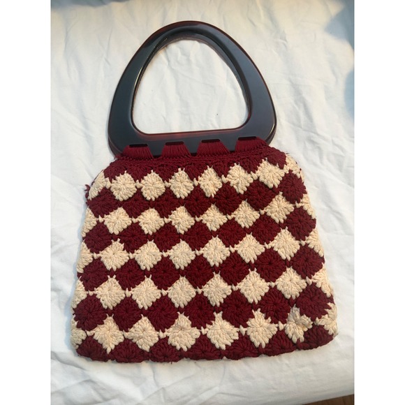 Vintage Crochet Handbag Burgundy Cream Diamond Check Tortoise Handle Boho 70s - Picture 4 of 6